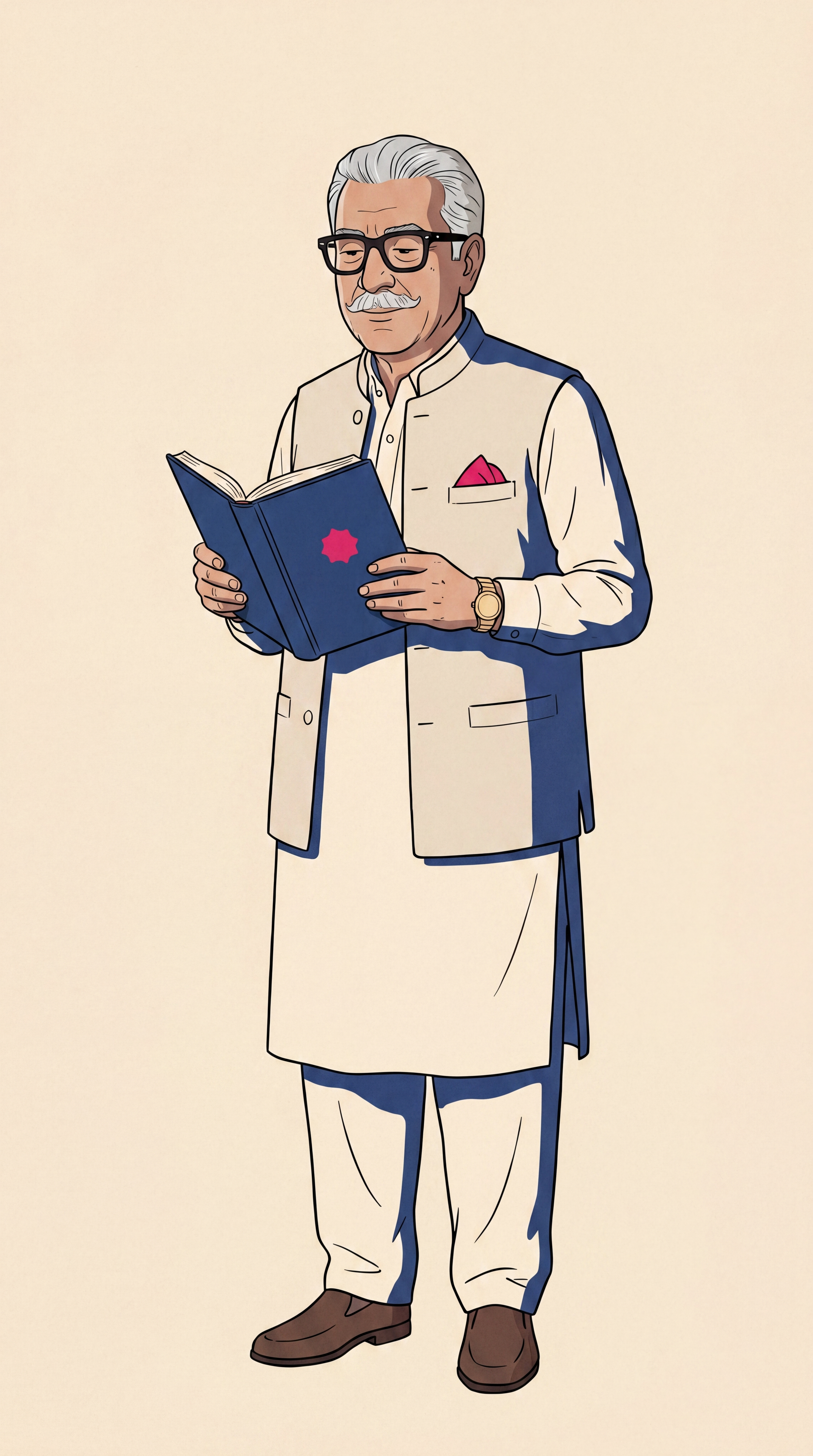 Illustration of Dada Jan holding the finished cobalt Dastaan book